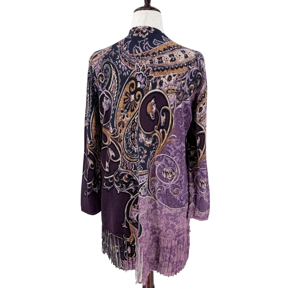 Chicos Womens Purple Paisley Open Front Cardigan Pleated Fringe Hem Size 2 Large